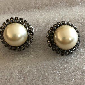 Vintage Signed L & J Sterling Silver Pearl & Marcasite Clip  Earrings